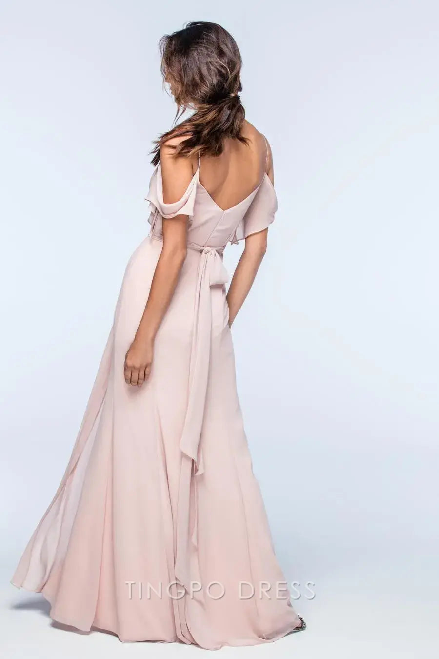 TingPo Wholesale Elegant Blush Pink Off-Shoulder Dress - Wrap Style Tie Waist Slit Maxi Evening Gown